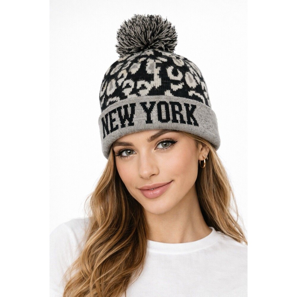 New York Leopard Print Pom Beanie Gray Black Ski Knit Warm Winter Hat OSFM